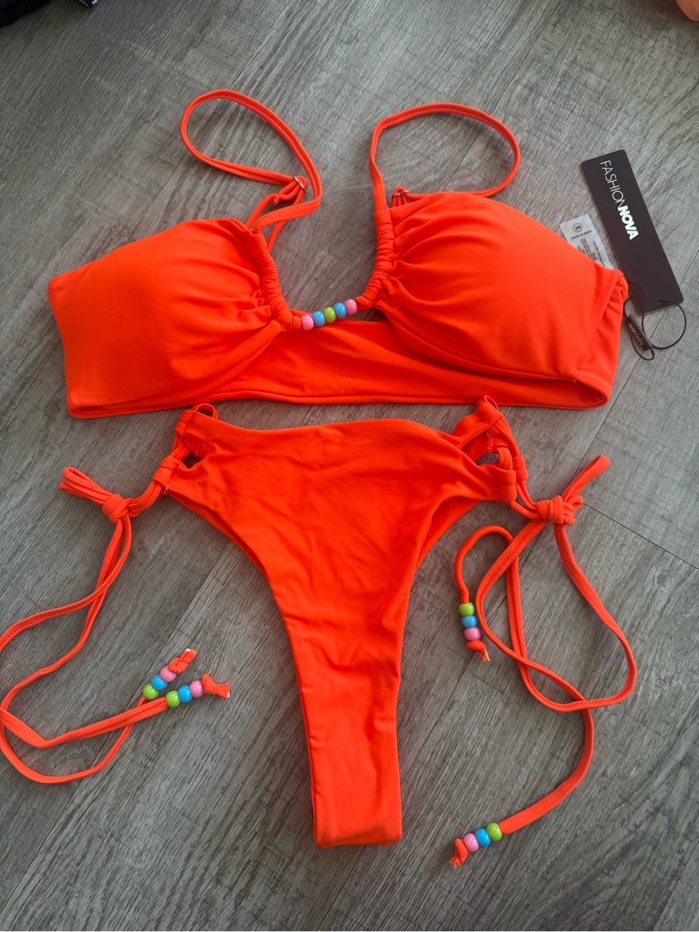 Fashion Nova Kids Neon Orange Beaded Two-Piece Bikini